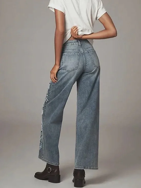 NWOT Anthropologie x Siempre Zoey Embroidered Wide Leg High Rise Jeans - Picture 5 of 8